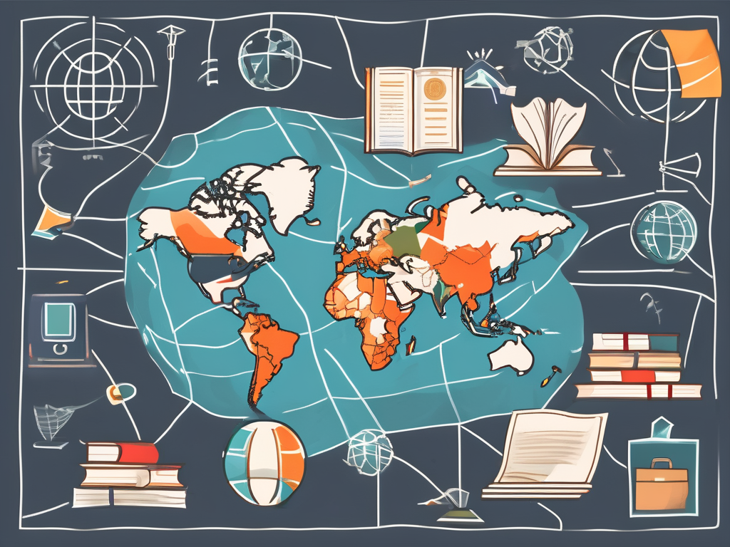 A global map with various educational symbols like books