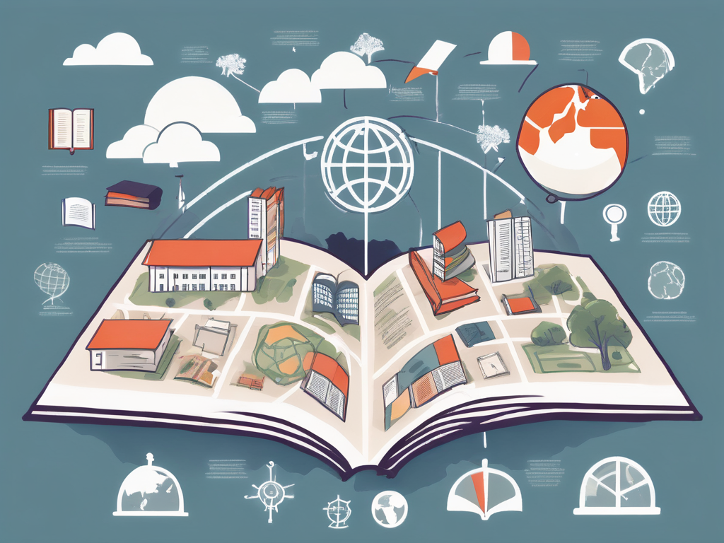 A global map with various iconic international school buildings