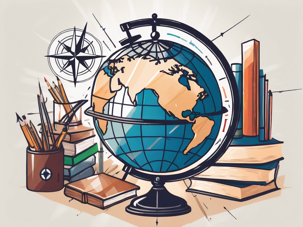 A globe surrounded by various educational tools such as a compass