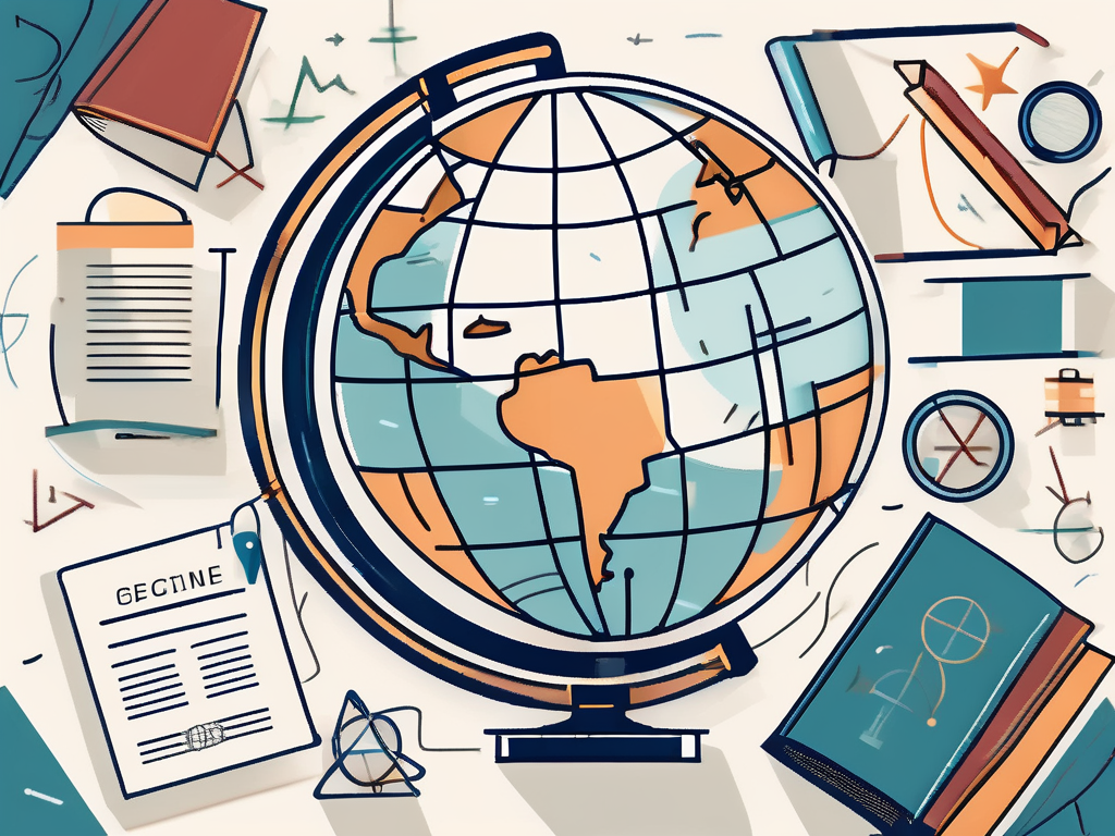A globe surrounded by various educational tools like books