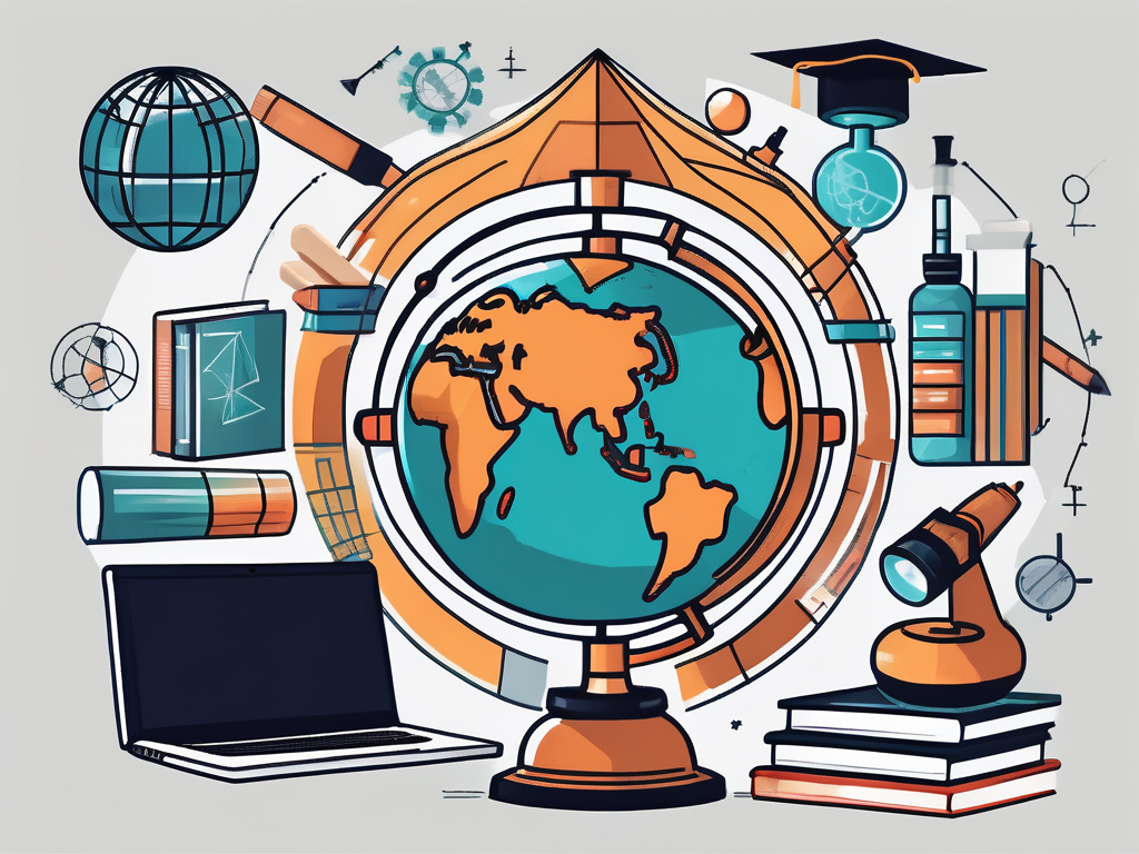 A globe surrounded by various educational tools like books