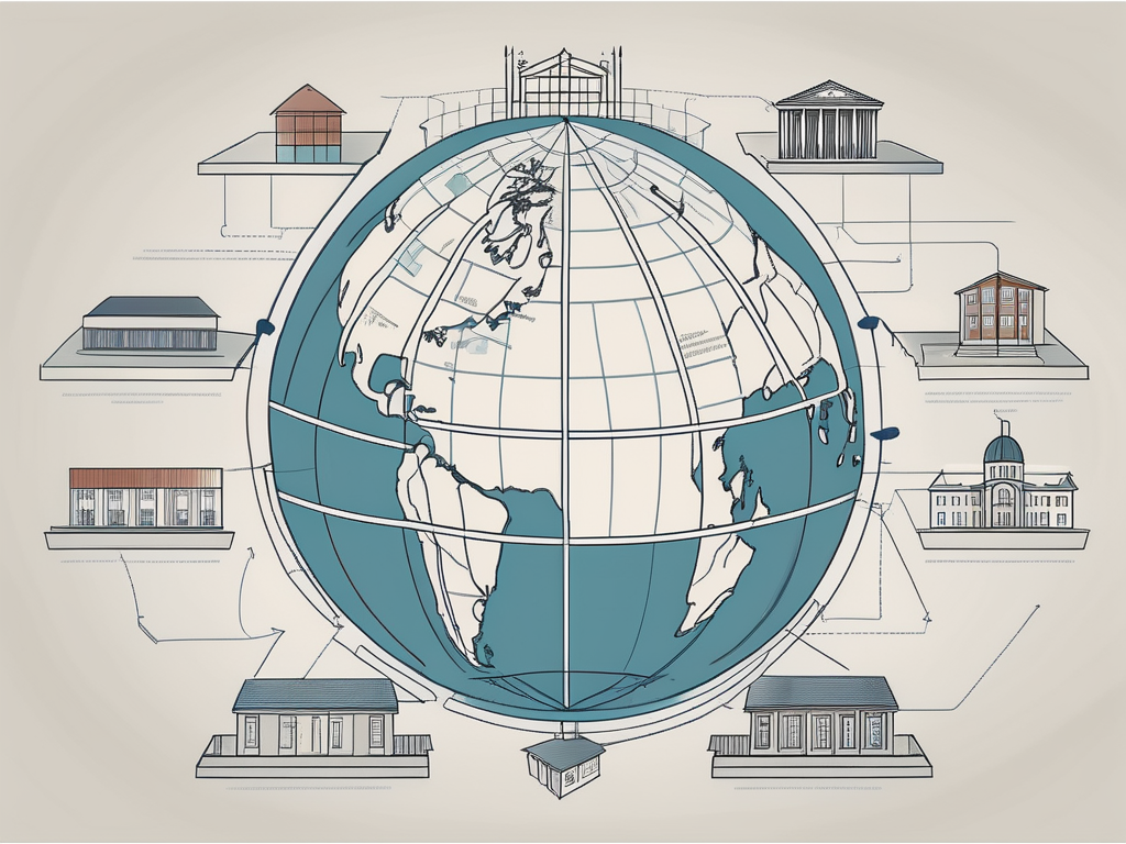 A globe with multiple pathways leading towards a traditional school building