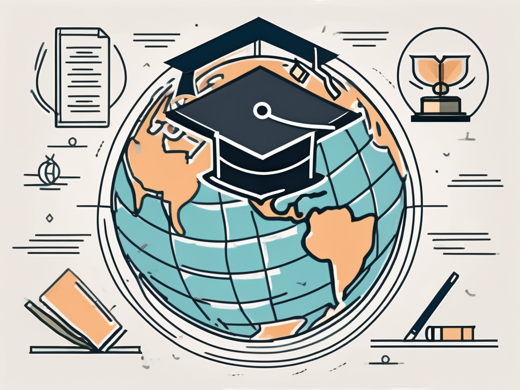 A globe with symbolic icons of a graduation cap