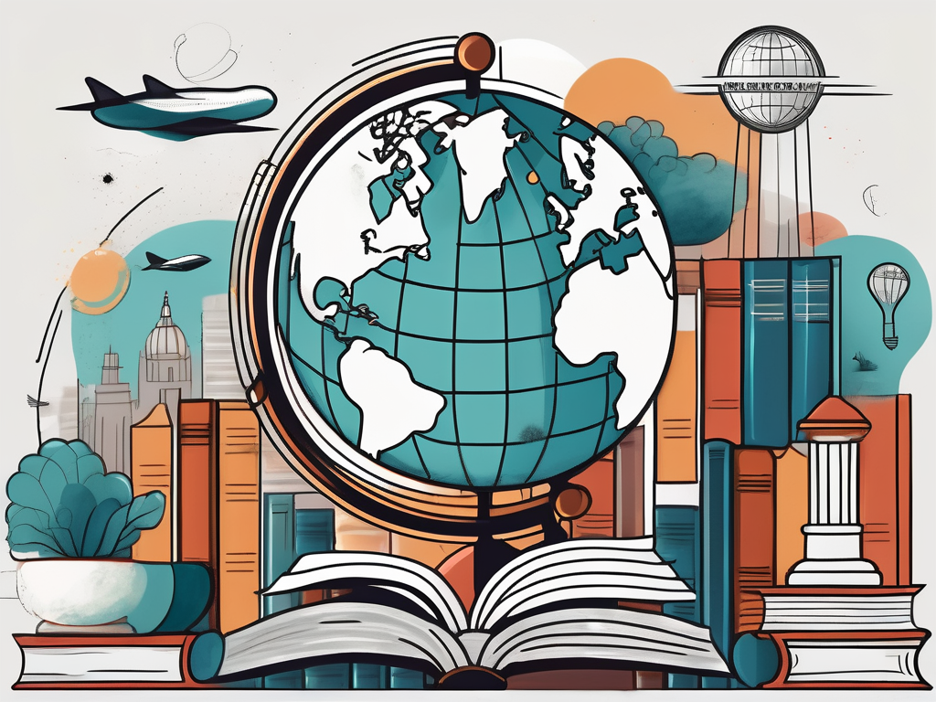 A globe with various iconic landmarks