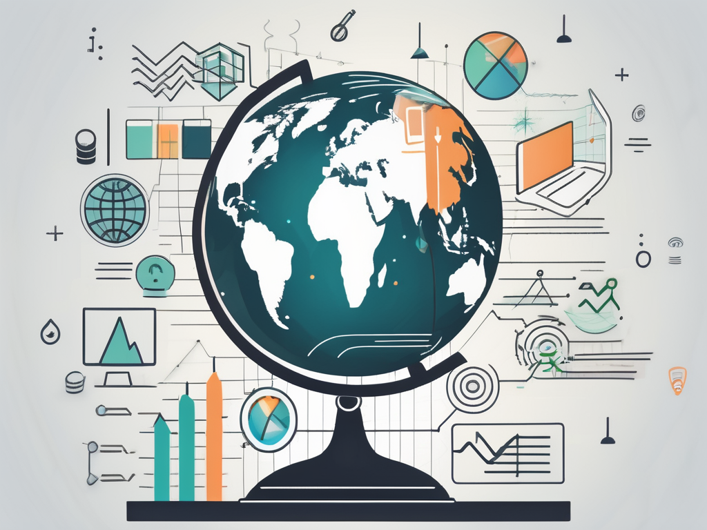 A globe with various educational symbols like a magnifying glass