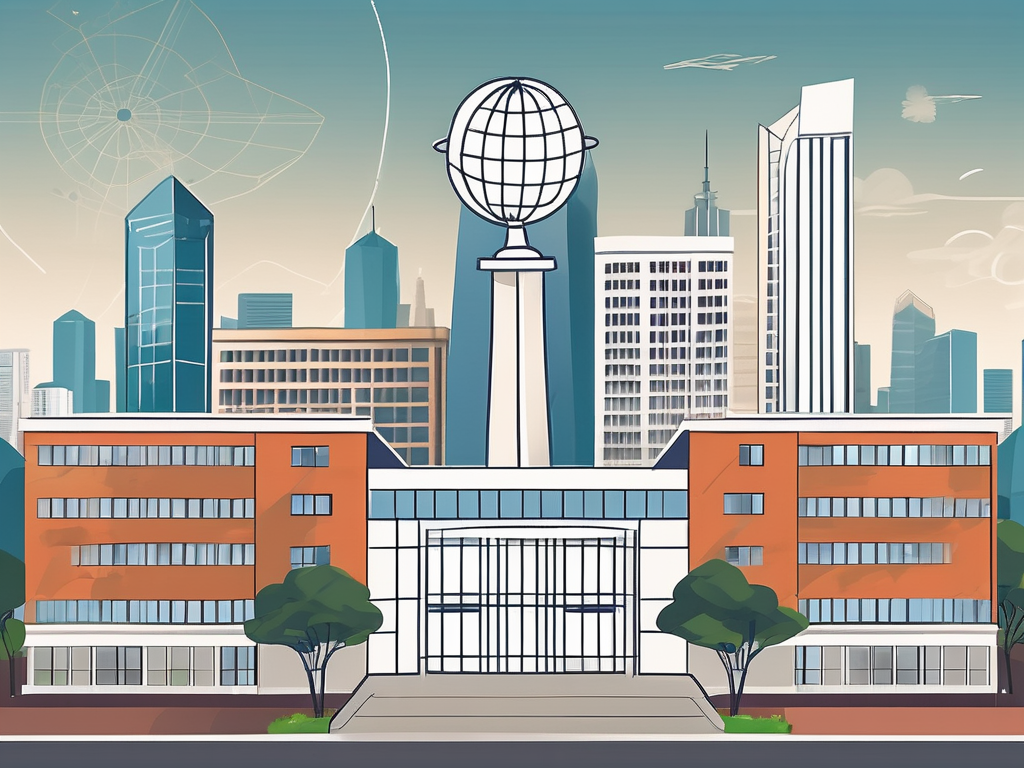 An international school building in guangzhou with a backdrop of the city skyline and symbolic icons like a globe and a graduation cap to represent international teaching and the ipgce course