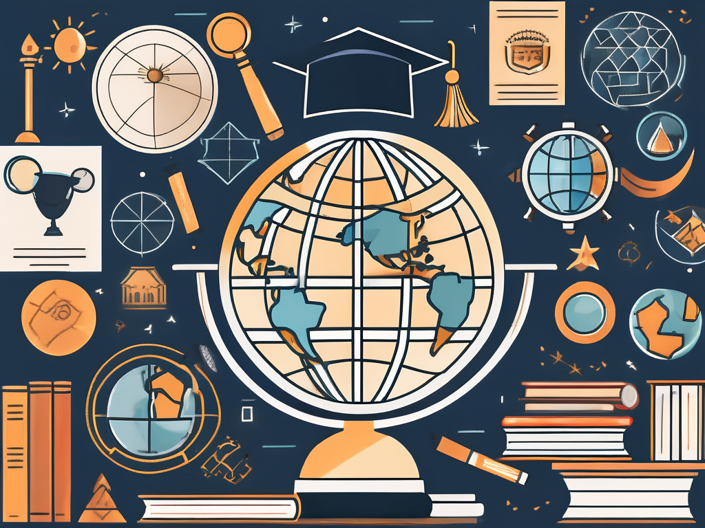 A globe with various educational symbols like a graduation cap