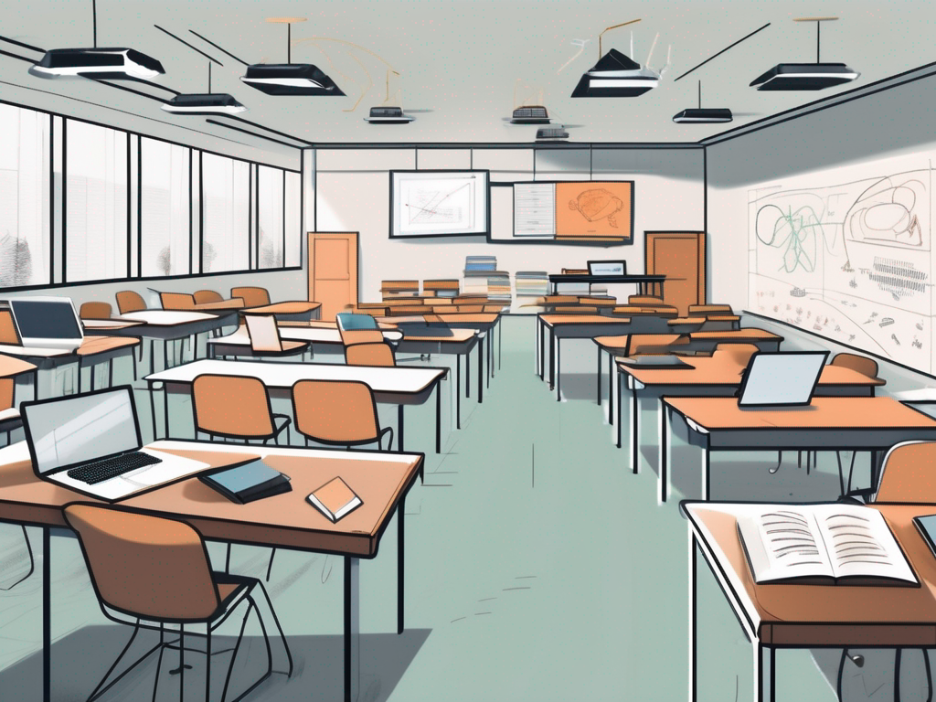 A modern classroom filled with diverse digital tools like tablets