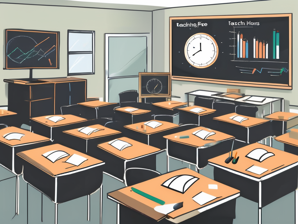A classroom with a chalkboard displaying a pie chart that represents the total number of teaching hours required for the ipgce course