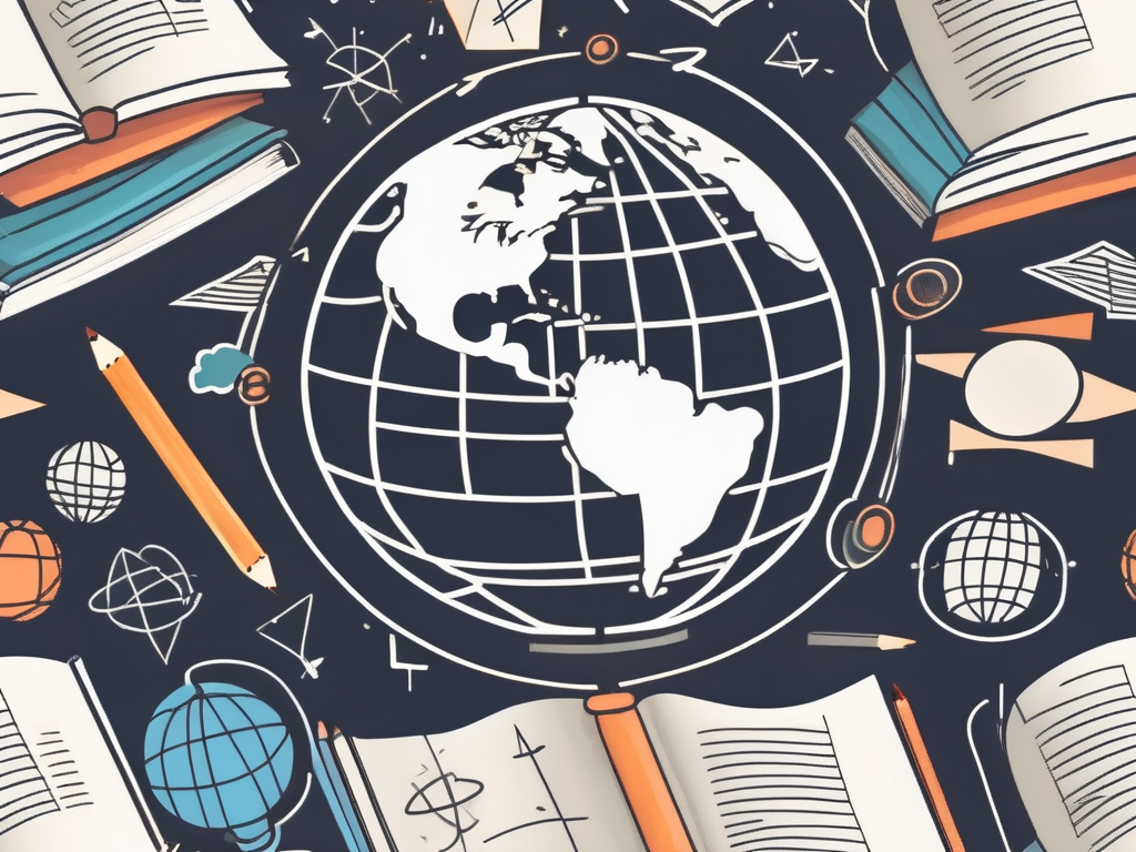 A globe with various educational symbols like books