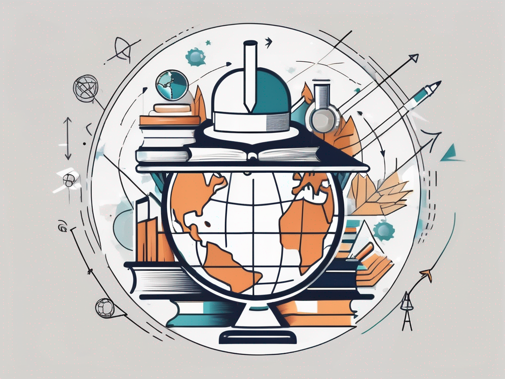 A globe with various educational symbols like graduation cap