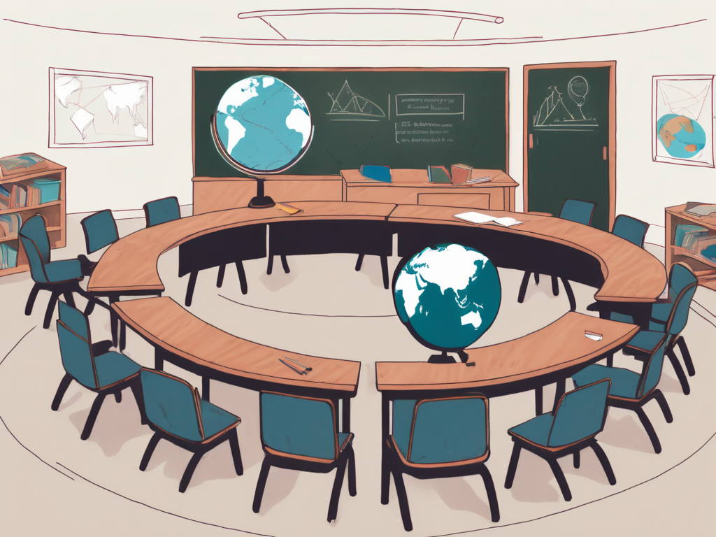 A diverse classroom setting with desks arranged in a semi-circle