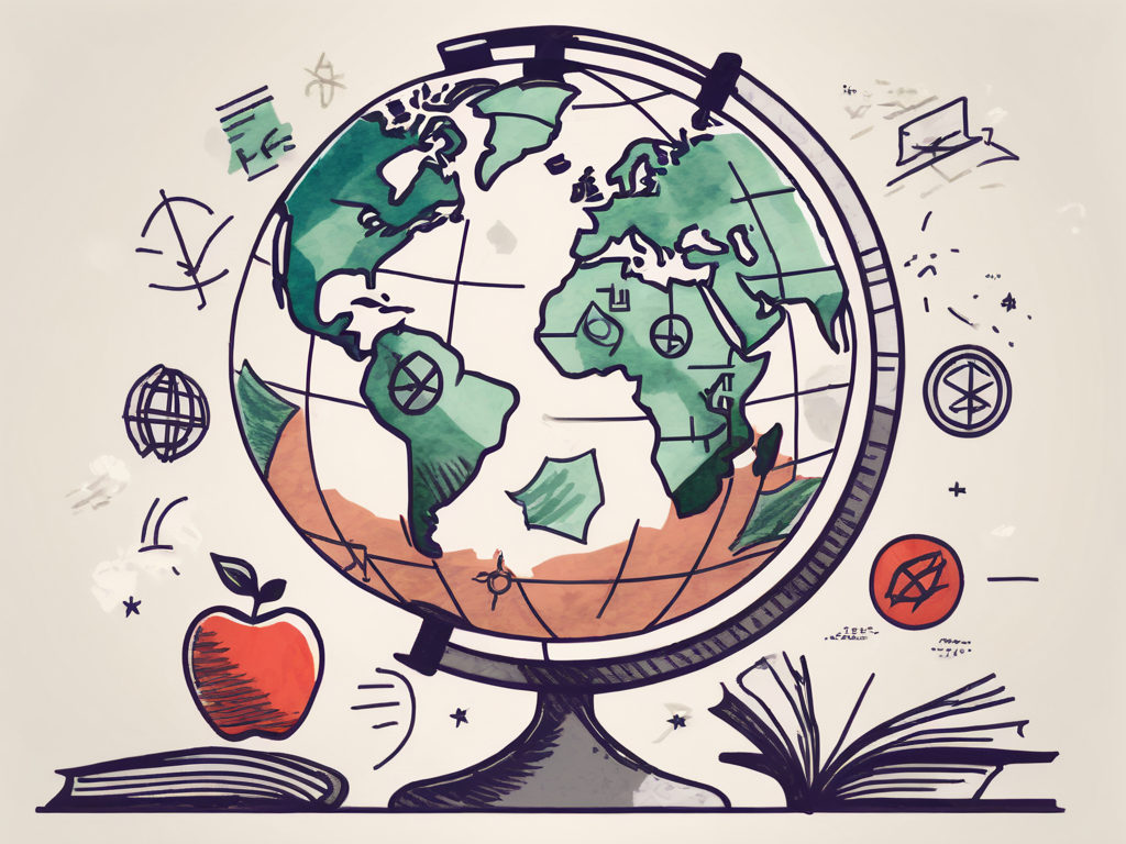 A globe with various iconic educational symbols (like a graduation cap