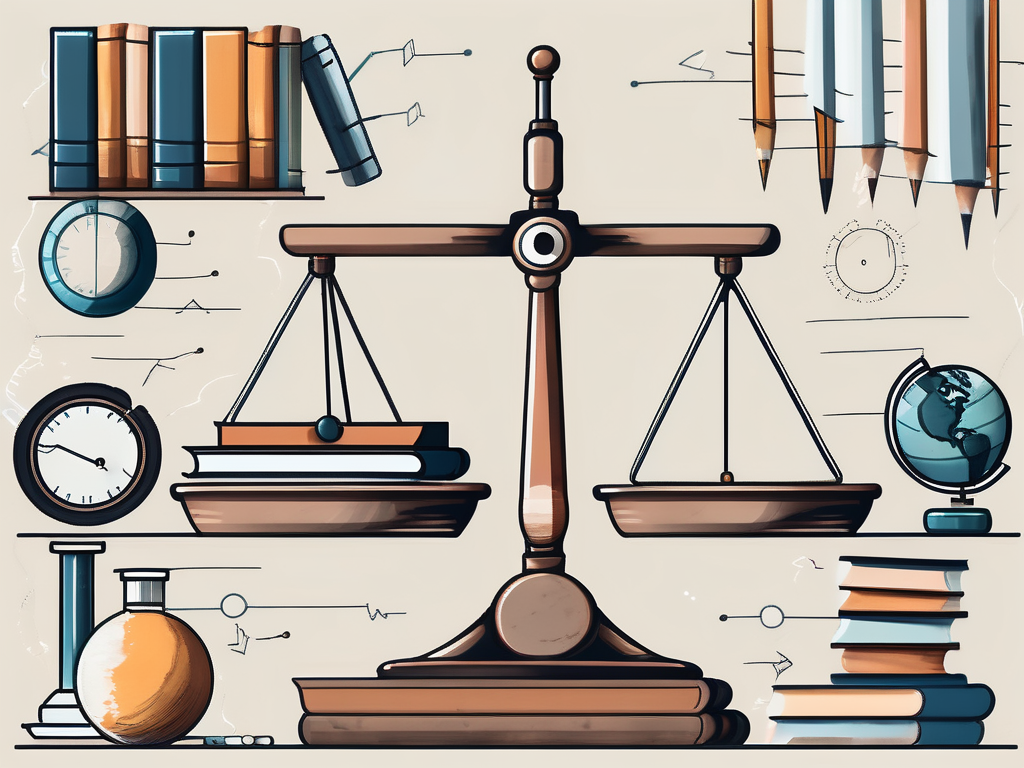 A balanced scale with different educational tools (like books