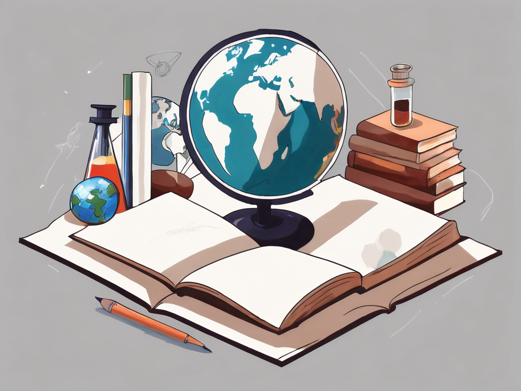 An international school building with various educational symbols like books