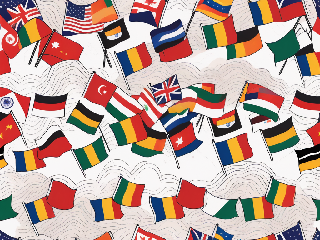 A classroom setting with various national flags