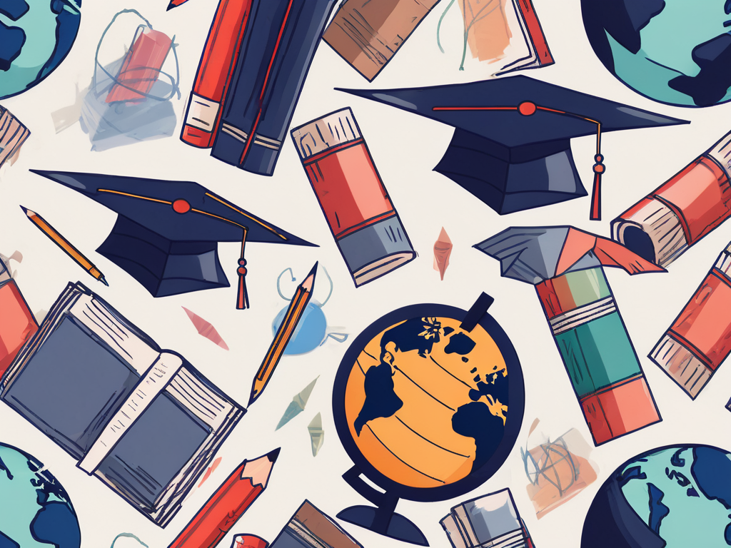 A globe surrounded by various educational objects like books