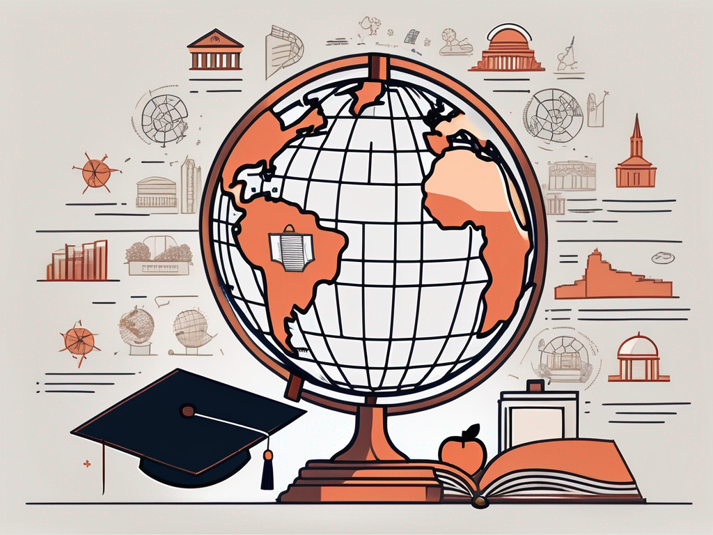A globe with different educational icons like books