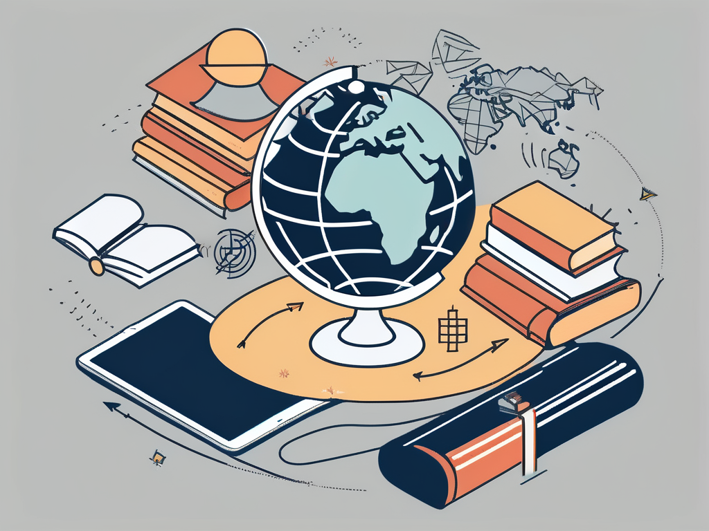 A globe with different educational symbols like a graduation cap