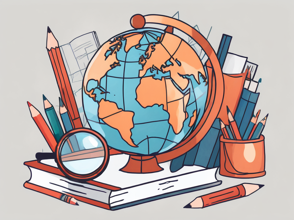 A globe with different educational tools like books