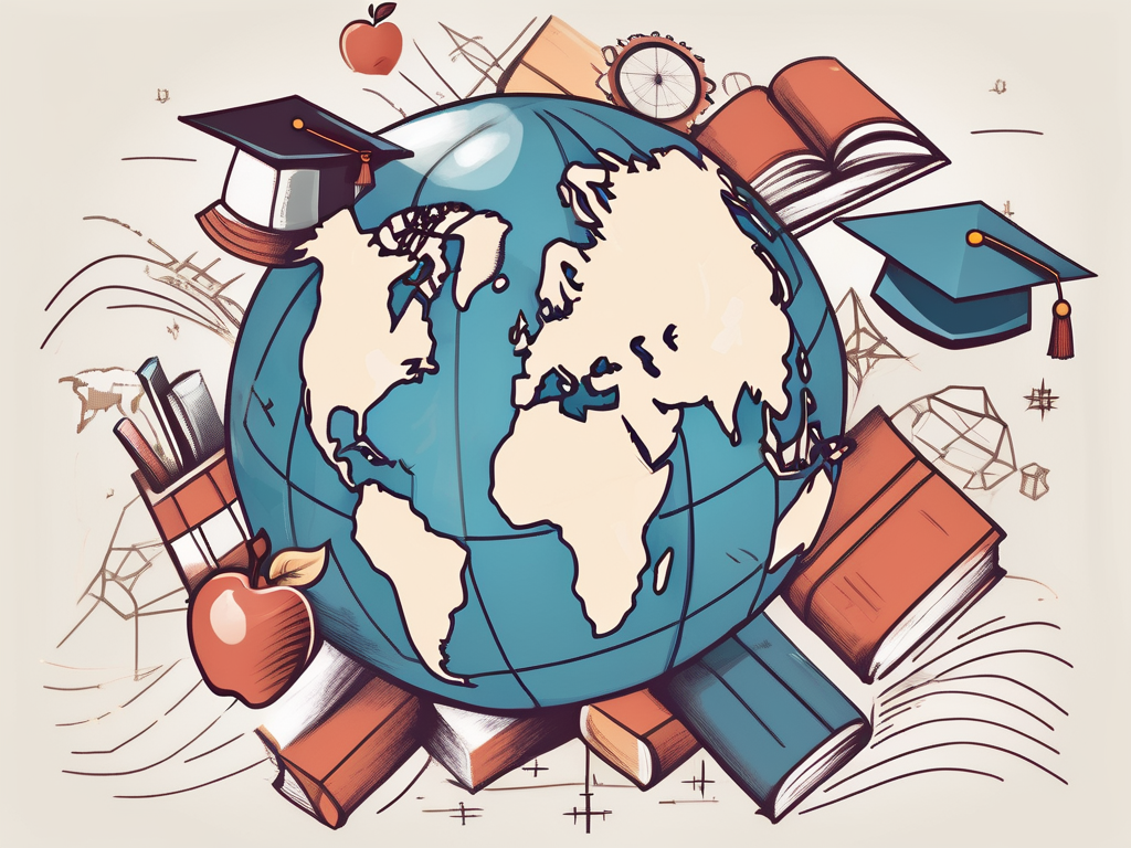 A globe with various iconic educational symbols