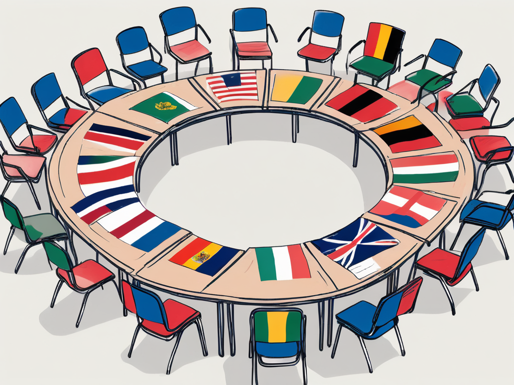 A diverse array of school desks and chairs arranged in a circular formation