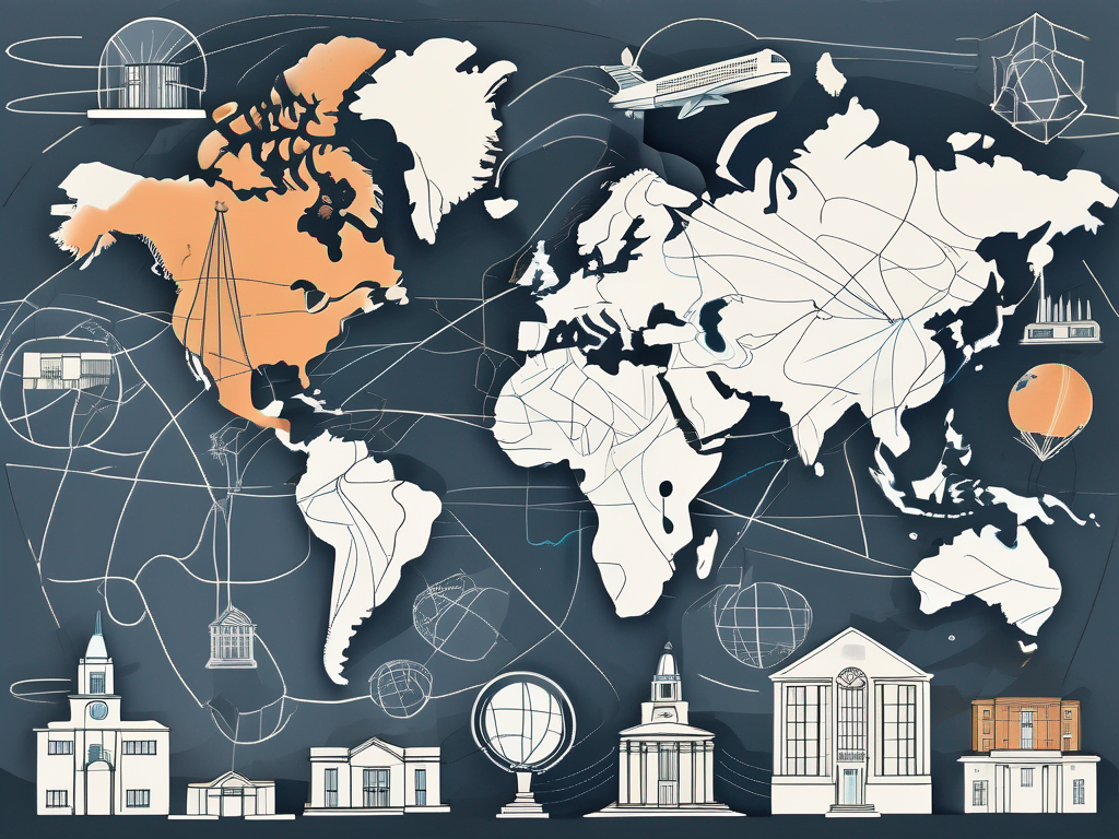 A global map with various iconic school buildings