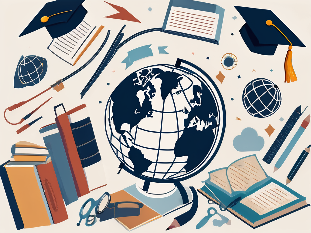 A globe surrounded by various educational tools like books