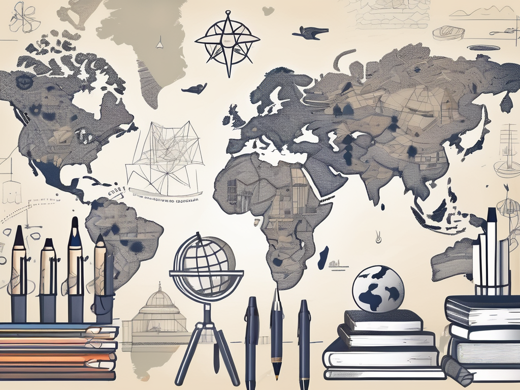 A global map dotted with various international school buildings