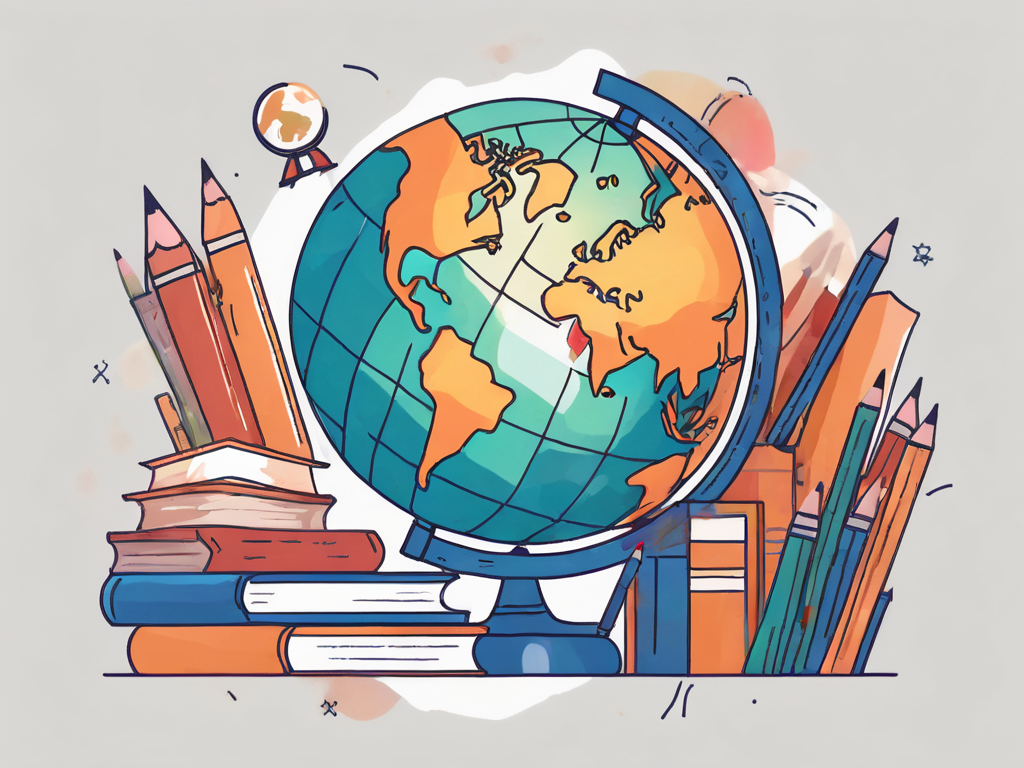 A globe surrounded by various school-related items like books