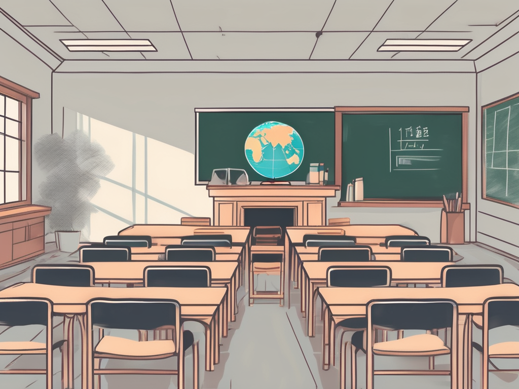 A classroom setting with multiple empty chairs