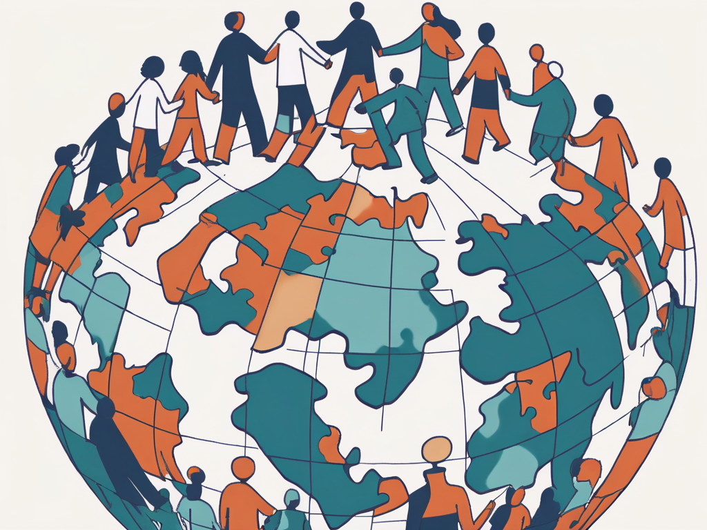 Diverse puzzle pieces coming together to form a globe