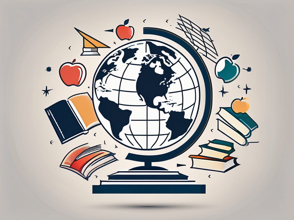 A globe with different educational symbols like books