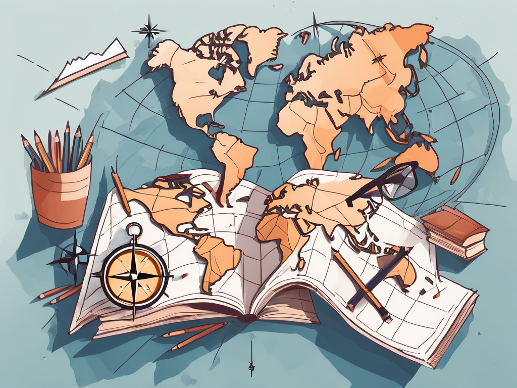 A global map with various school-related objects like books