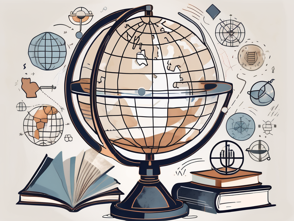 A globe surrounded by various symbols such as a book