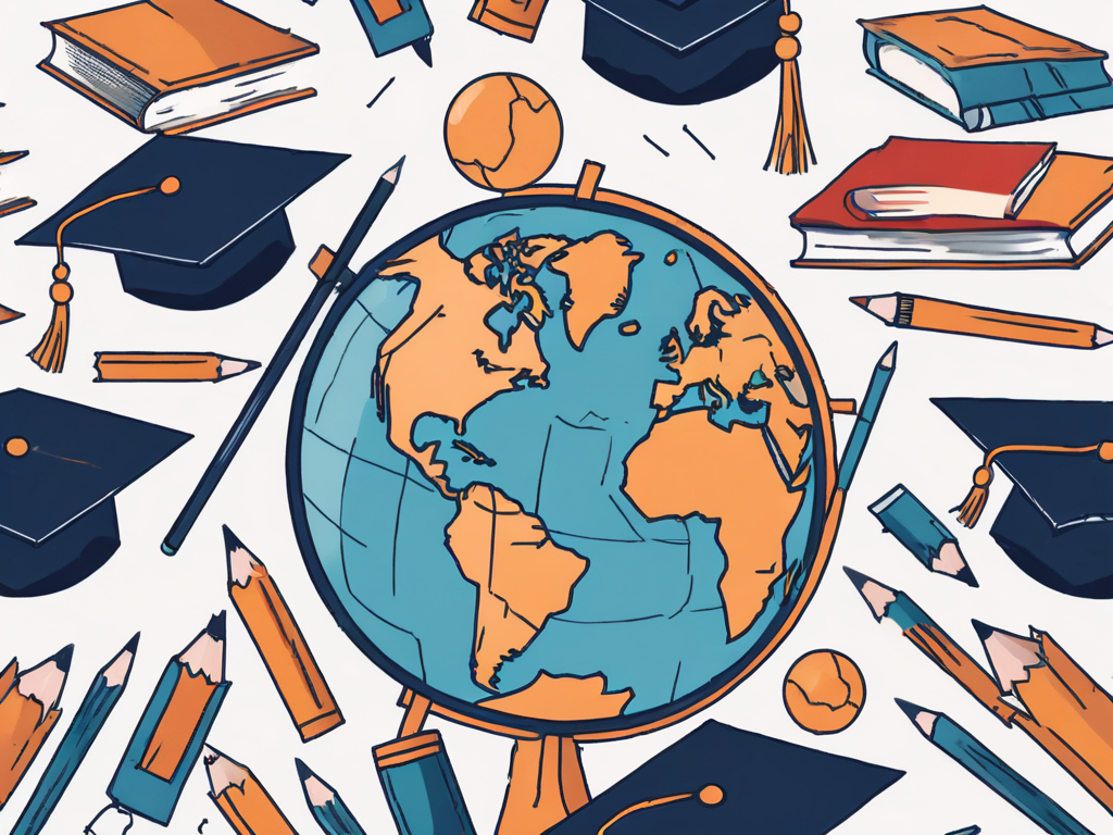 A globe with different educational tools such as books