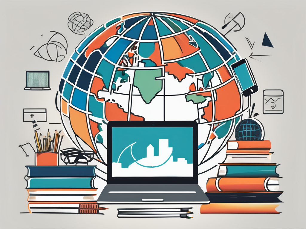 A globe surrounded by various educational tools like books