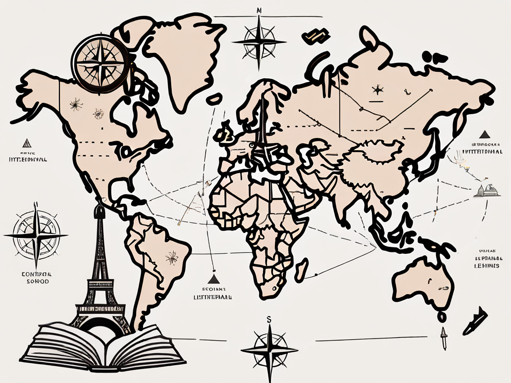 A global map with different educational tools like a compass