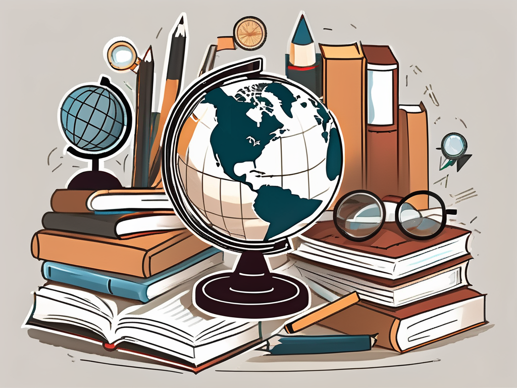 A globe surrounded by various educational tools like books