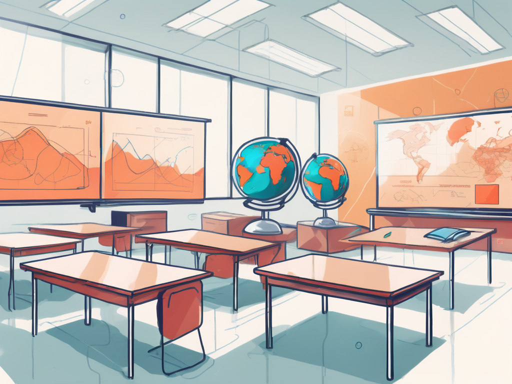 A vibrant international classroom setting with diverse educational tools like globes