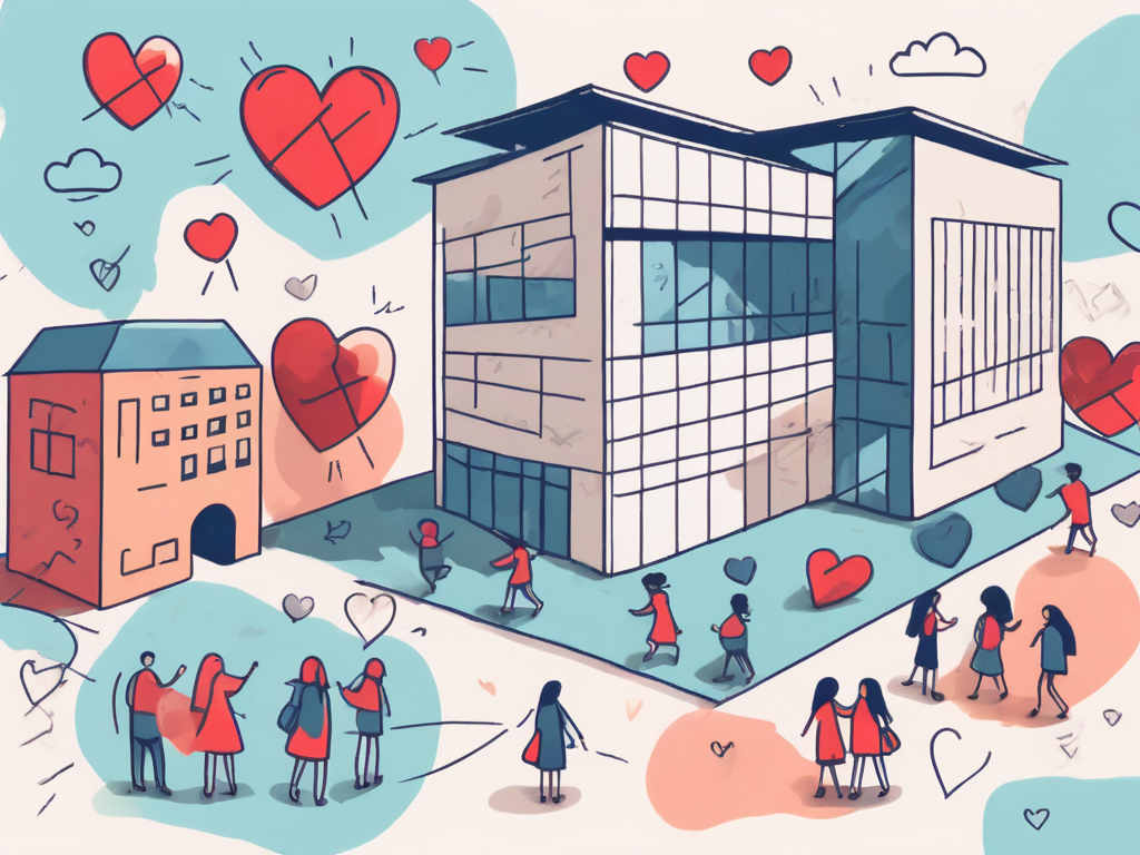 A diverse range of international school buildings surrounded by playful symbols like hearts