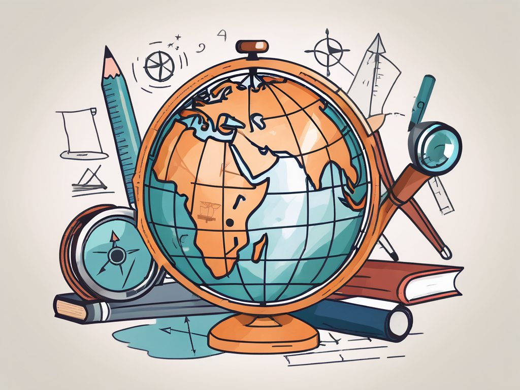 A globe with various educational tools like a magnifying glass