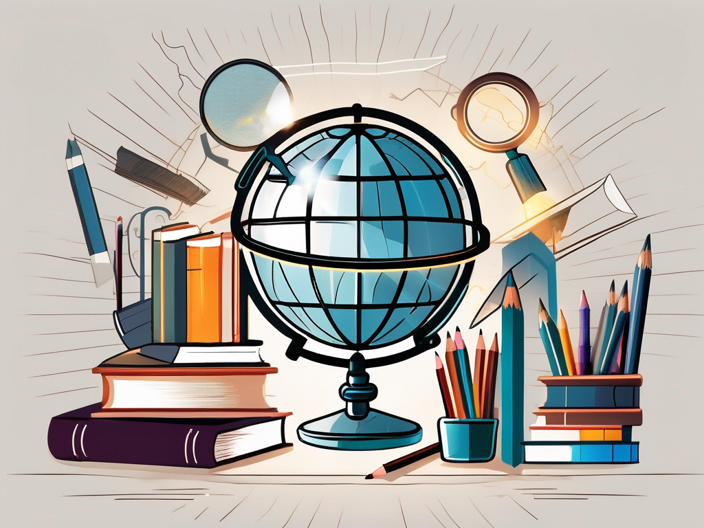 A globe surrounded by various educational tools like books