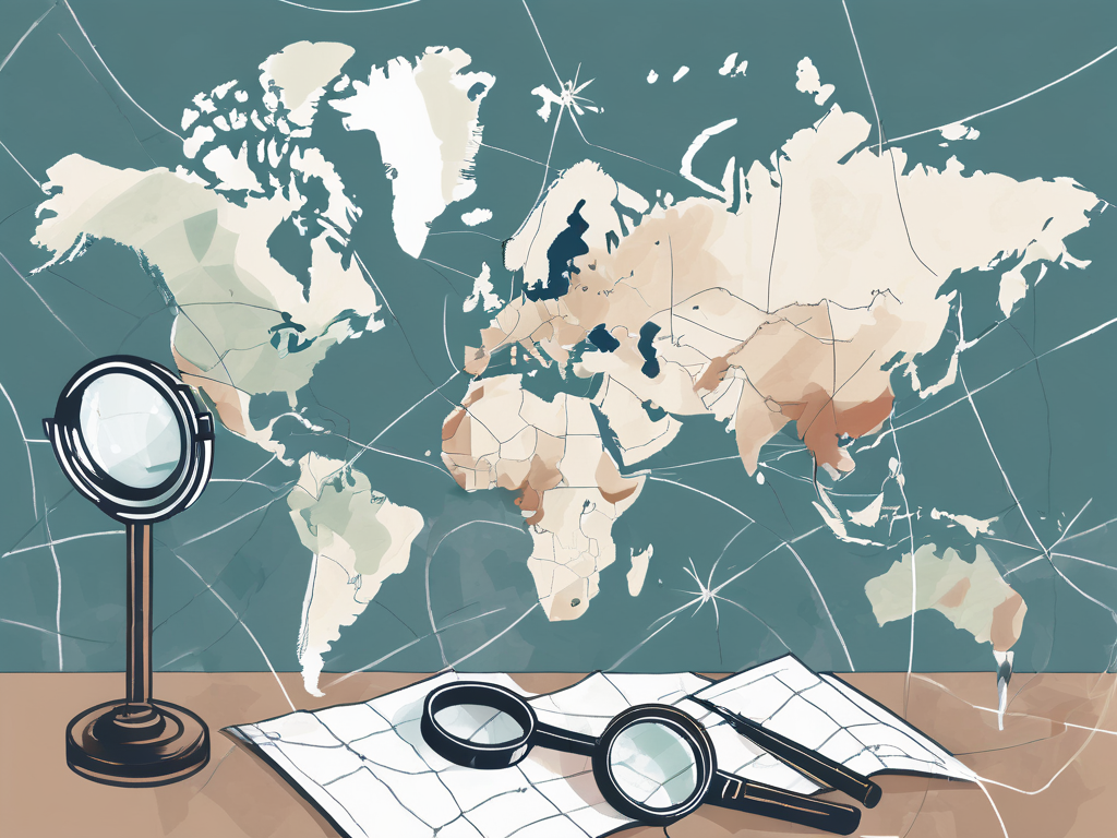 A global map with magnifying glasses hovering over various countries