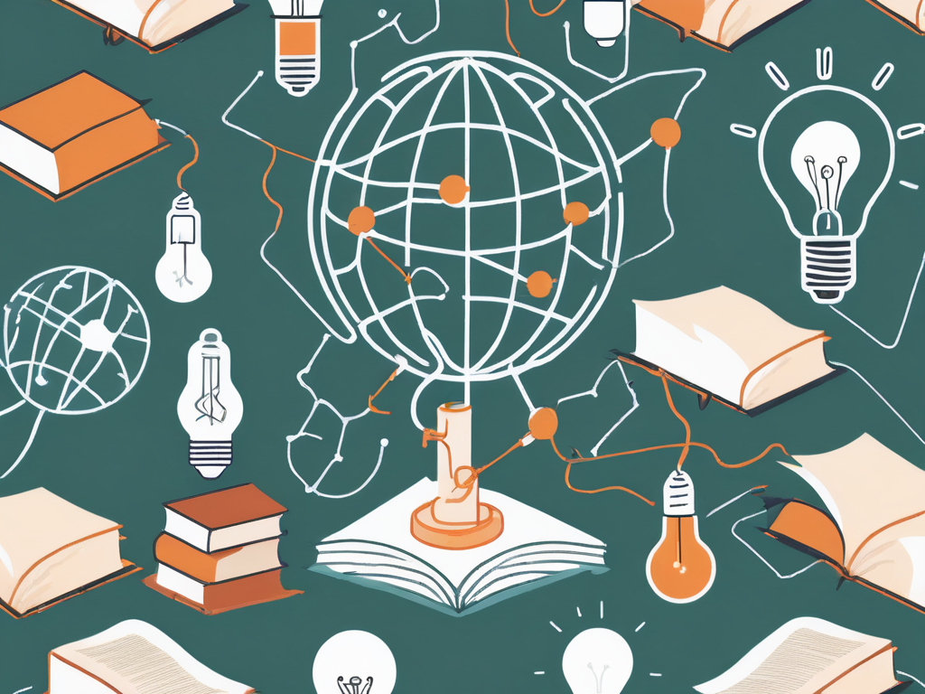 A diverse array of open books and educational tools such as globes and microscopes