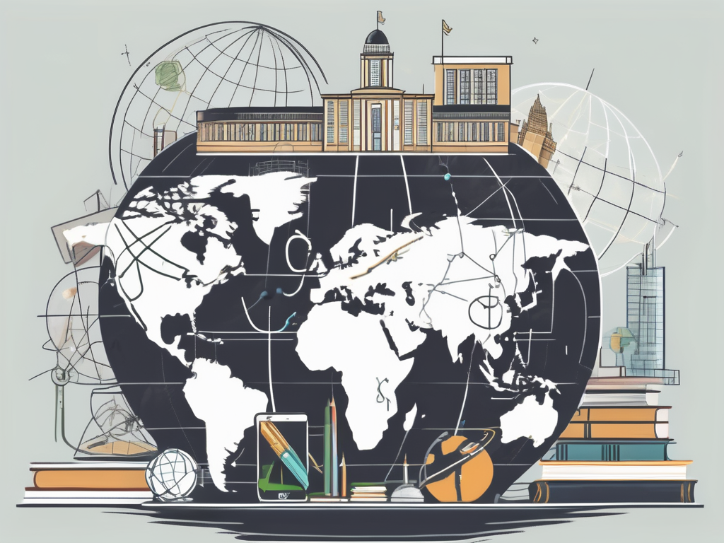 A globe with different educational tools such as books