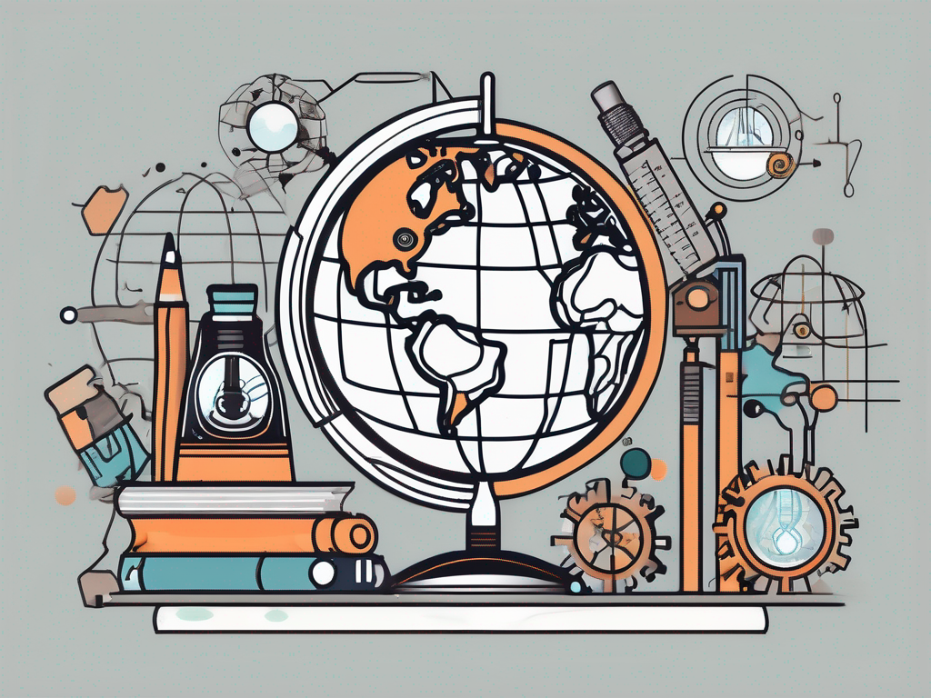 A globe surrounded by various educational tools like a microscope