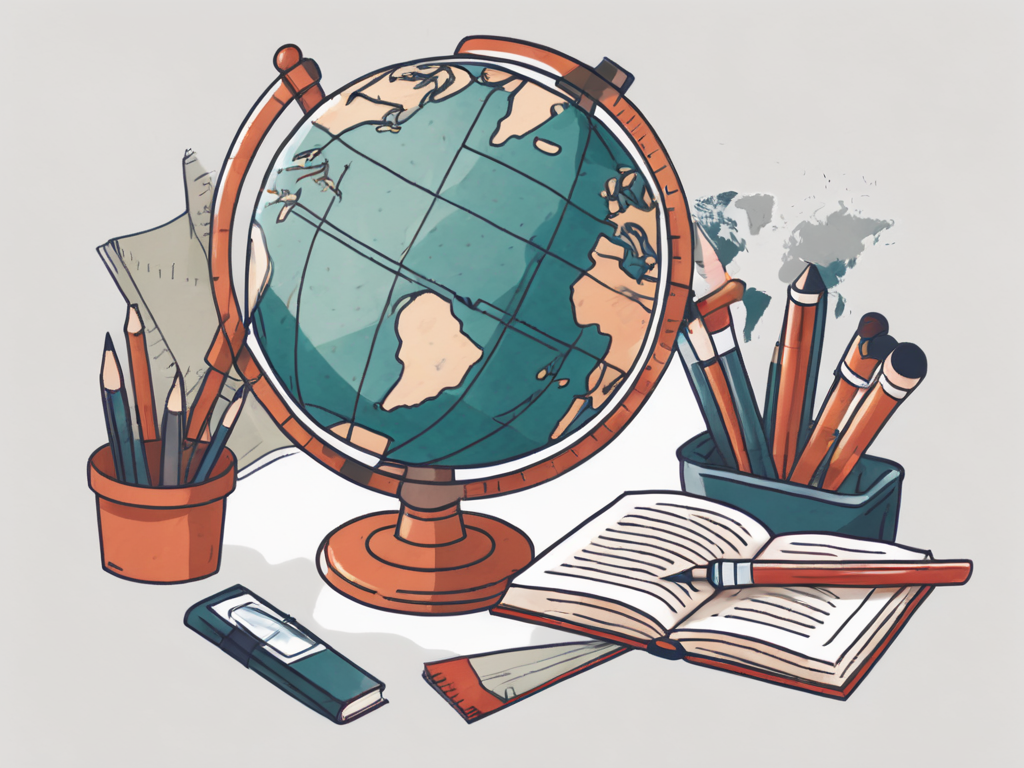 A globe with various educational tools like a magnifying glass