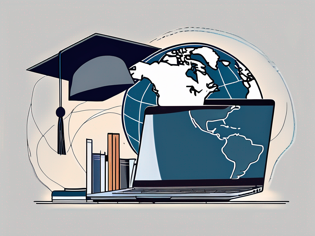 A laptop on a desk with a globe