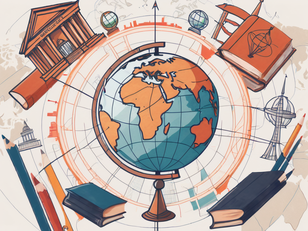 A globe with various educational tools like books